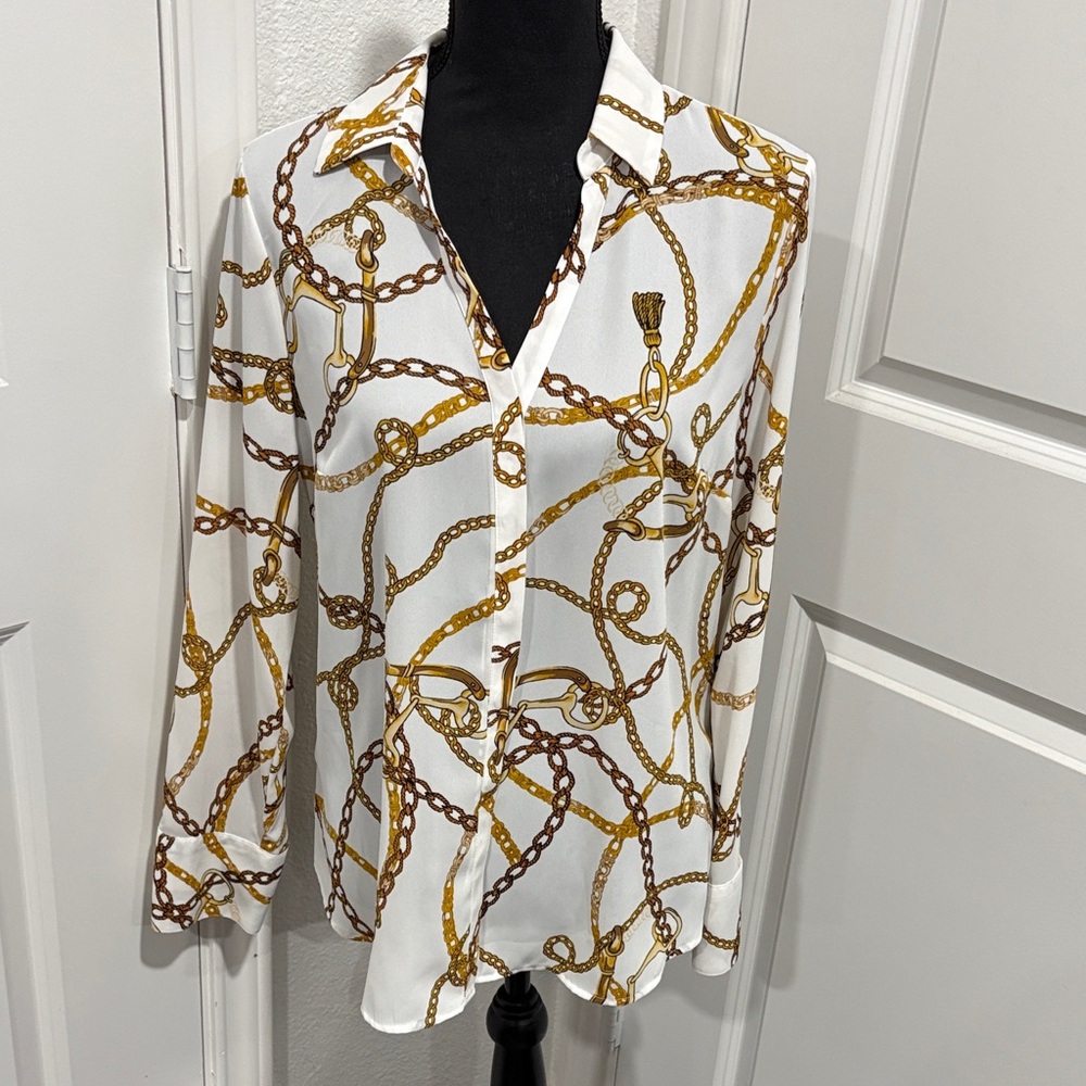 Worthington White and Gold Chain Print Blouse